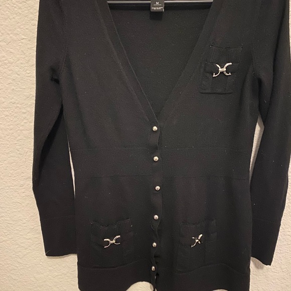 White House Black Market Black Sweater M - snap up fitted look - Picture 6 of 9